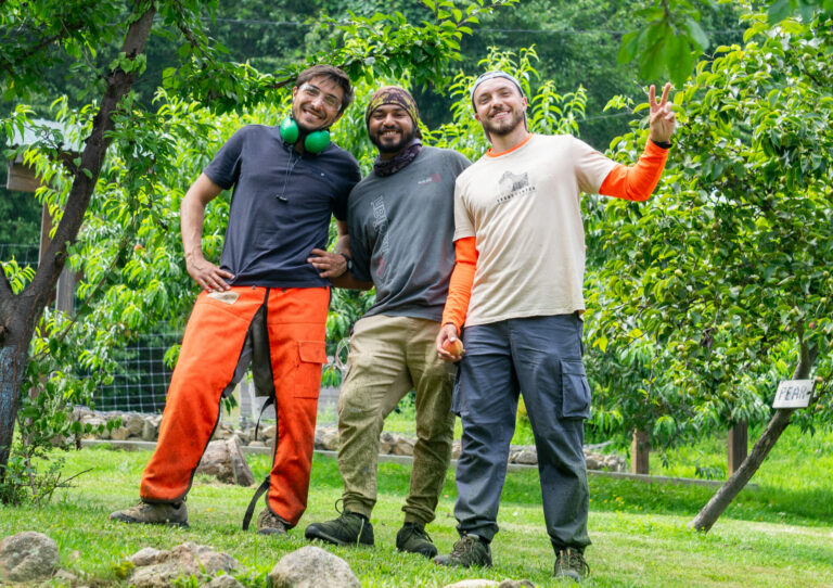 Three individuals smiling together in a green outdoor setting.