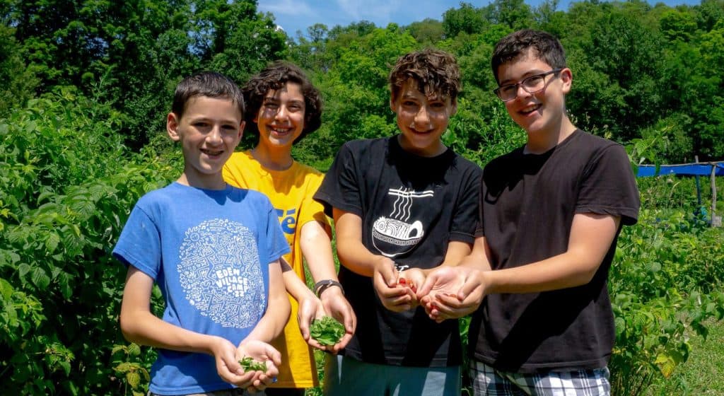 Four young people standing together outdoors in front of green trees and foliage on a sunny day.