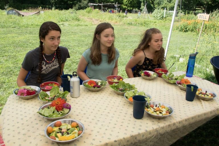 Fresh salad bowls at Eden Village Camp outdoor dining area with young girls enjoying a healthy meal surrounded by nature.