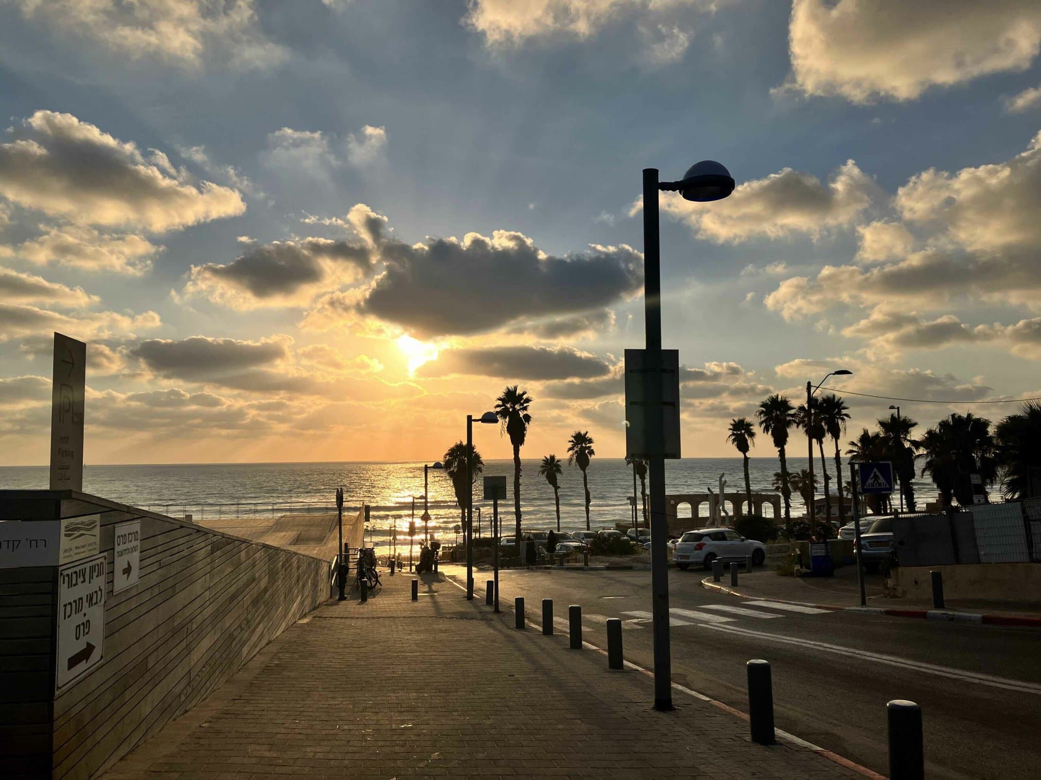 A scenic view of a sunset over the ocean with palm trees lining the walkway.