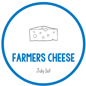 Farmers cheese logo with cheese illustration and July 1st text at Eden Village Camp.