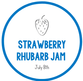 Strawberry rhubarb jam label with date and illustration, promoting homemade preserves at Eden Village Camp.