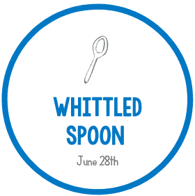 Whittled spoon logo with June 28th text, enclosed in a blue circle.